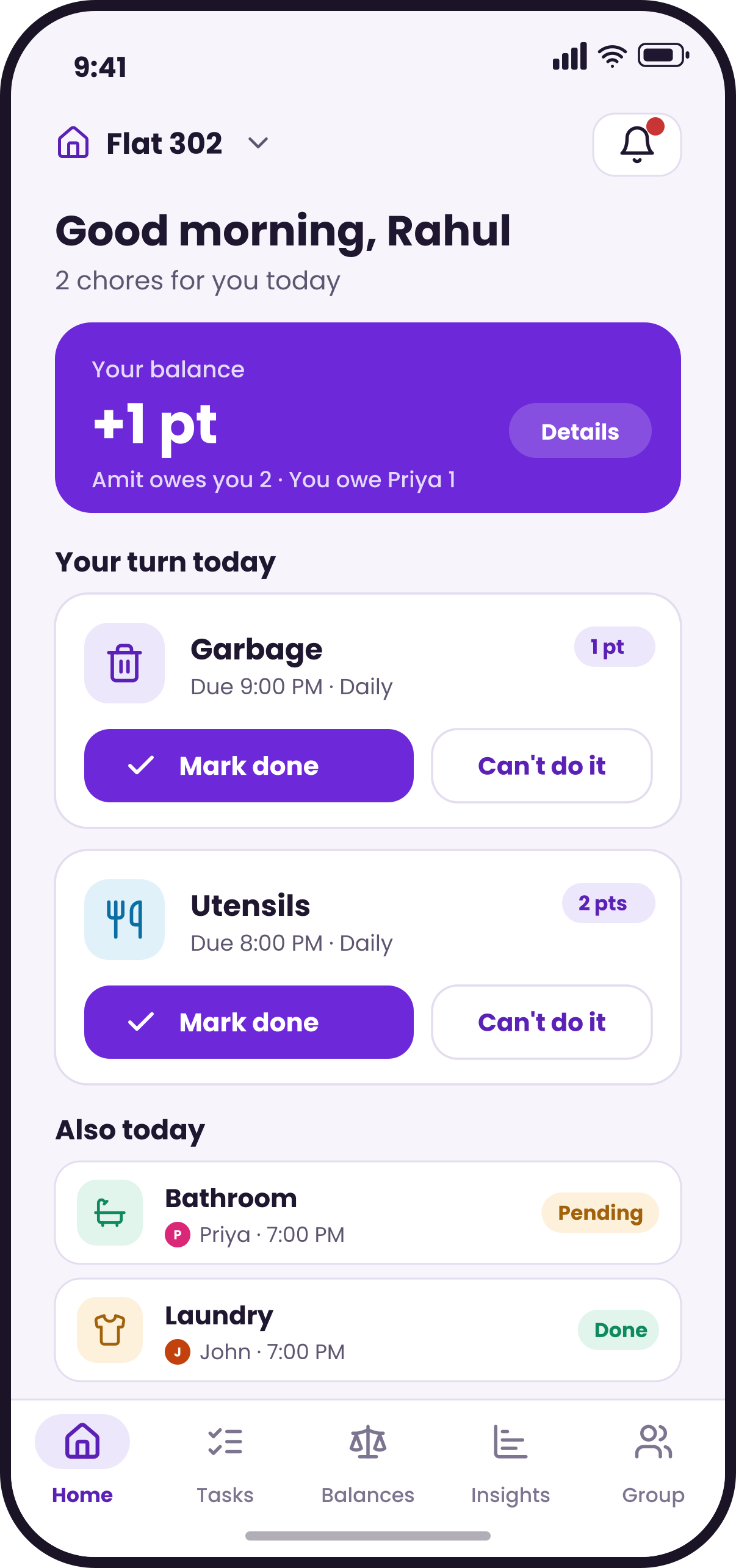 Evenly home screen: today's chores and your points balance